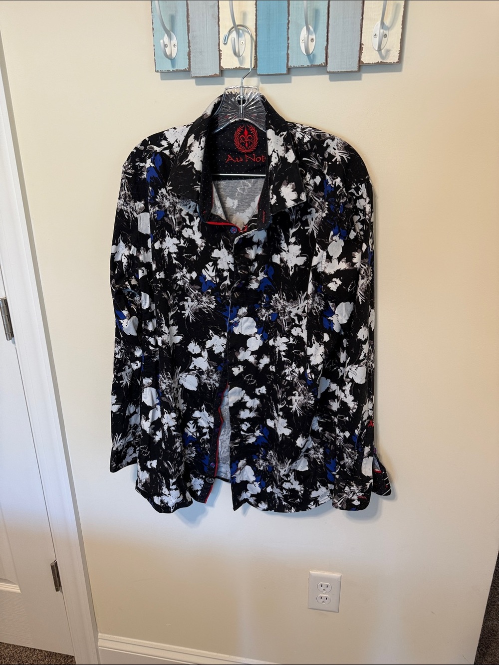 Au Noir Men's Theodoro Black Floral Button-Down Luxury Knit Shirt / Size XXL